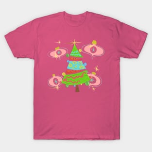 Christmas Tree with Pink Ornaments Vintage MCM Cartoon style T-Shirt